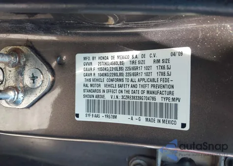 2009 Honda Cr-V Lx из США, поврежденный, VIN 3CZRE38339G704785